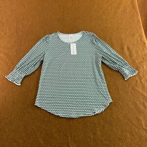 XIEERDUO Womens Medium Green Pattern Smocked Cuff 3/4 Sleeve Blouse Top NWT